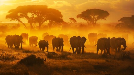 Fototapeta premium A herd of elephants walking through a field of tall grass