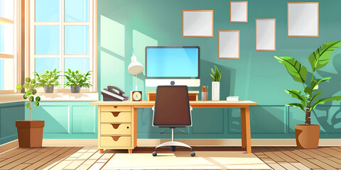 Fototapeta premium a well-organized office space with a desk, chair, and computer monitor.