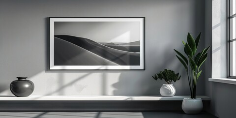 Fototapeta premium Modern Minimalist Interior with Framed Desert Landscape Photograph