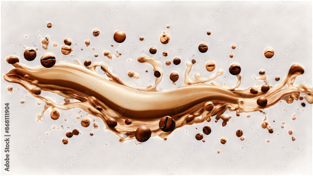 Poster milk brown coffee liquid swirl splash and little bubbles with falling coffee beans isolated on trans