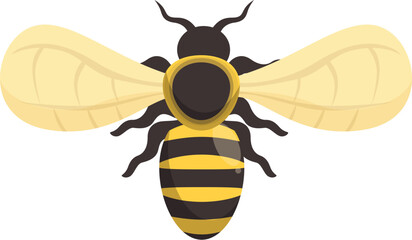 Cartoon bee with black and yellow stripes is spreading its wings and flying