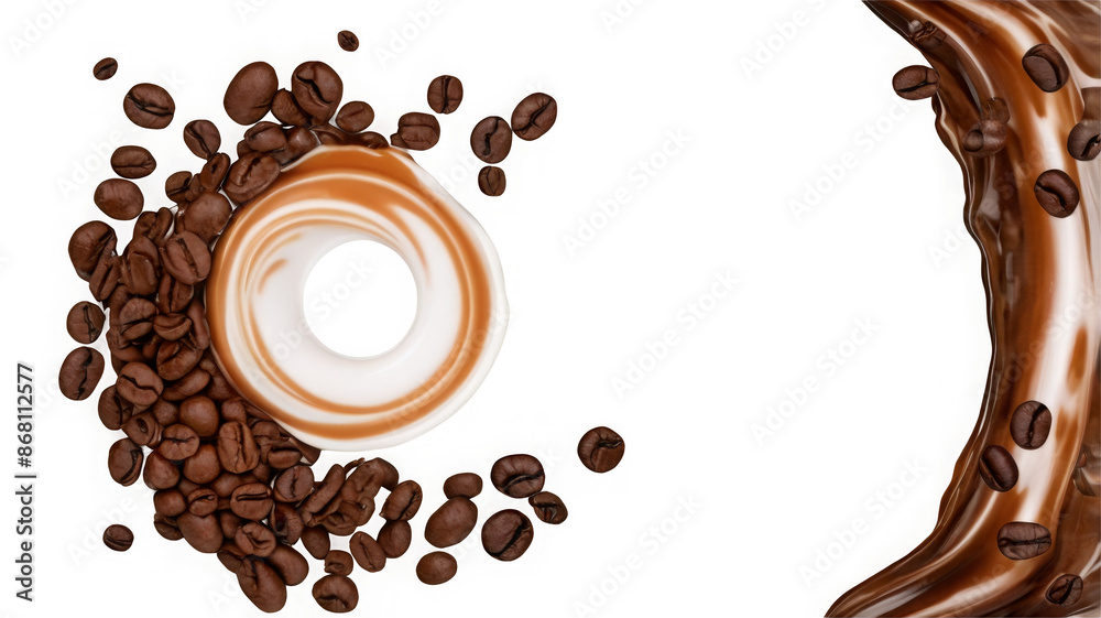 Poster milk brown coffee liquid swirl splash and little bubbles with falling coffee beans isolated on trans