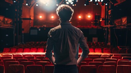 Talented Actor Rehearsing Lines on Theater Stage with Focus and Passion. Professional Performance Preparation and Dramatic Practice in a Classic Theater Setting.