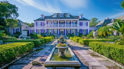 Obraz premium grand estate with majestic purple Bahama shutters, set in a sprawling garden