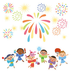 花火の下でお祭りを楽しんでいる子供達