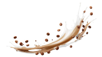Milk Brown coffee liquid swirl splash and little bubbles with falling coffee Beans isolated on transparent png background, liquid fluid element flowing in form of wave