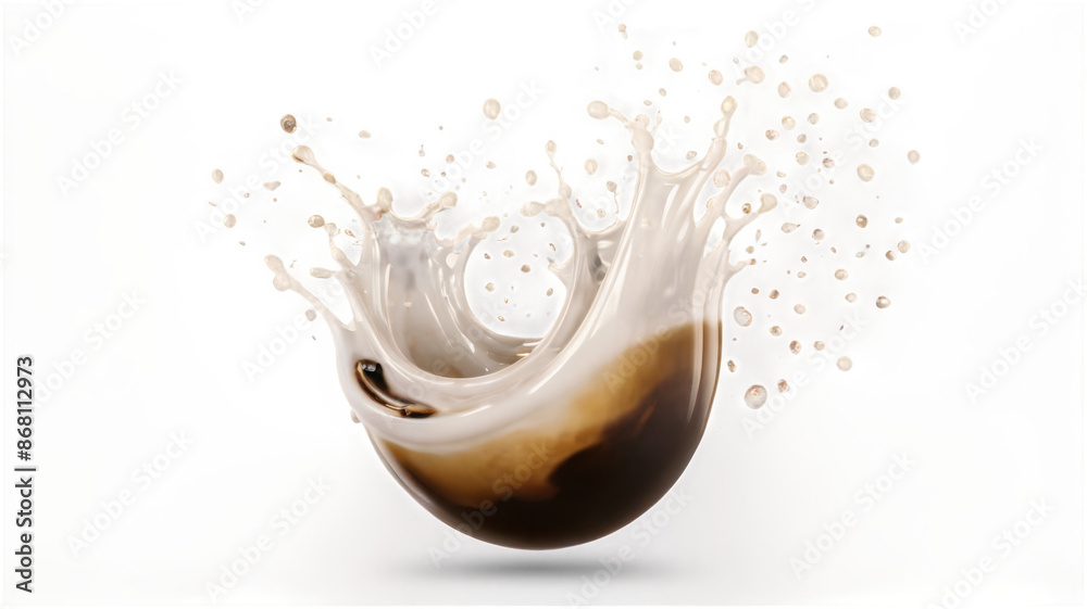 Poster milk brown coffee liquid swirl splash and little bubbles with falling coffee beans isolated on trans