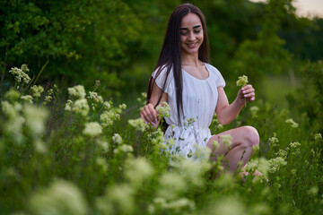 Beautiful latin woman on a meadow by the forest