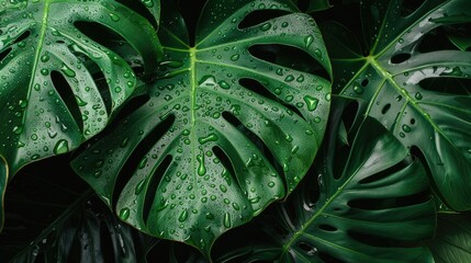 Fototapeta premium Close up of Monstera leaves with water drops and caring for tropical houseplants