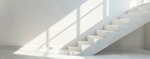 Obraz premium White staircase in modern minimalist interior with sunlight and shadows