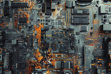 A close up of a computer chip with orange and black colors