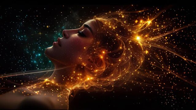 Profile of a person's face with eyes closed, surrounded by swirling golden lights and cosmic particles. Dark background with stars. 