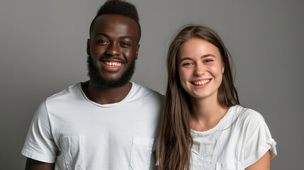 portrait of a diverse happy couple smiling and looking at camera isolated on grey color background