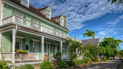 Obraz premium historic inn with sage green Bahama shutters, nestled in a quaint village