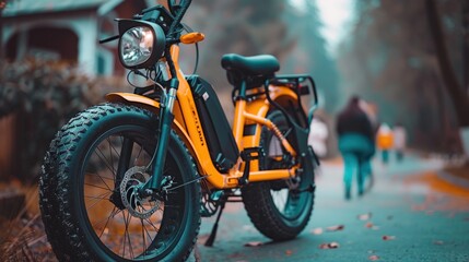 Urban Lifestyle: Stylish Foldable Electric Bike at Trendy Cafe, Modern and Convenient Transportation Concept