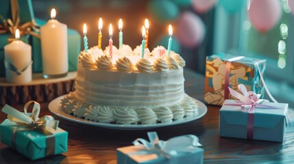 Birthday surprise background, cake with lit candles, surprise gift boxes, and a delightful birthday card, [birthday, candles, cake, gift boxes], [surprise celebration]