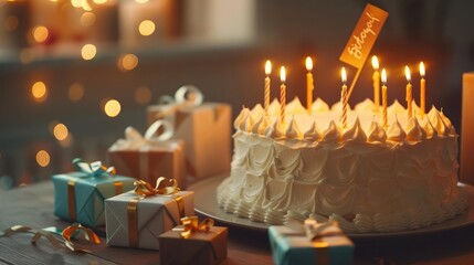 Birthday surprise background, cake with lit candles, surprise gift boxes, and a delightful birthday card, [birthday, candles, cake, gift boxes], [surprise celebration]