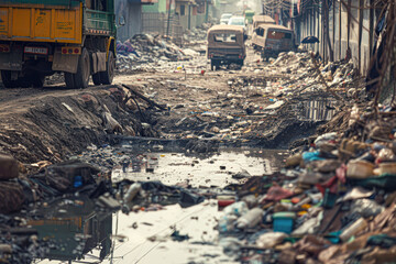 A dirty street with trash and a truck