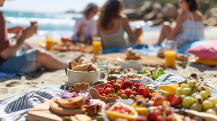 Obraz premium Joyful Beach Picnic with Friends - Summertime Gathering on Sandy Shoreline with Ocean View, Relaxing Day Outdoors