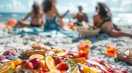 Friends Enjoying a Beach Picnic - Summer Day Bliss with Ocean View