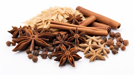 Vibrant photo of cinnamon sticks and star anise on a white background for culinary and seasonal themes.