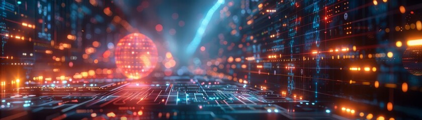 Fototapeta premium Generative Adversarial Network using computational models for ethical lab studies, intricate data patterns, glowing holograms, high-resolution visuals, advanced AI lab environment
