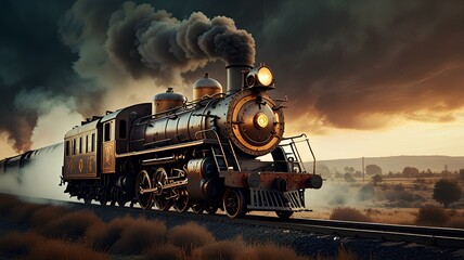 Retro locomotive fantastic design train in steampunk style, high speed with fire under wheels.