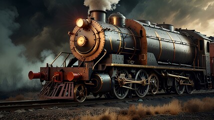 Fototapeta premium Retro locomotive fantastic design train in steampunk style, high speed with fire under wheels.