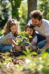 Fototapeta premium Portrait of an American family planting trees in their new garden, sunny day, teamwork and environmental focus, vibrant greenery