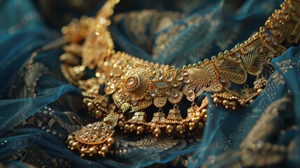 Close-up of a gold necklace with gemstones on teal fabric