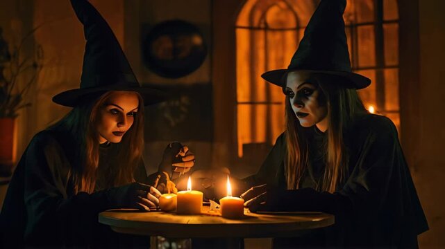 Two witches in dark costumes and hats sit at a table surrounded by glowing candles preparing a potion or casting a spell in a dimly lit, eerie room