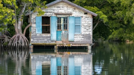 Fototapeta premium lakeside fishing hut with faded blue Bahama shutters, reflecting the tranquil water