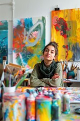 Portrait of an American student setting up a creative studio in their new apartment, art supplies and inspiration, bright and colorful