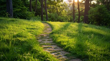 Obraz premium path through a green grass field background illustration generated by ai