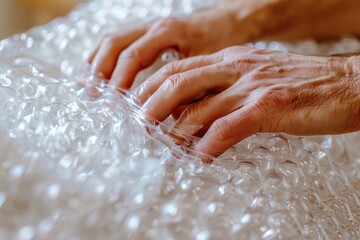 Fototapeta premium Close-up of European-American hands wrapping fragile items in bubble wrap, bright and detailed, focus on protection and texture