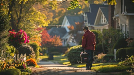 Busy Postal Worker Delivering Mail in Suburban Neighborhood on Labor Day