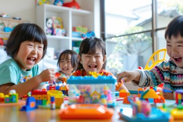 Naklejka premium Japanese children organizing toys in a new playroom, colorful and joyful environment, teamwork and laughter, natural light