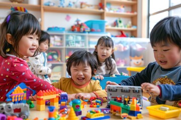 Japanese children organizing toys in a new playroom, colorful and joyful environment, teamwork and laughter, natural light