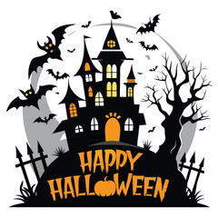 Halloween night background with creepy castle and pumpkins, illustration