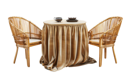 Round table with a cloth and two chairs on transparent background