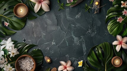 Decorative mockup with wooden accents and floral decor on a dark backdrop for spa ads covers banners or business cards