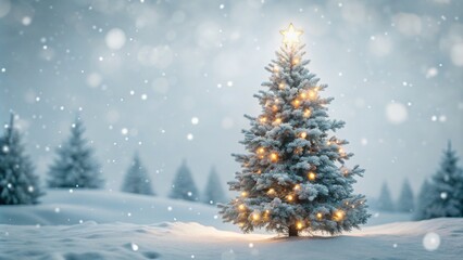 Obraz premium lighted isolated christmas tree in idyllic white snowy landscape, greeting card banner concept with copy space for december holiday season, christmas background