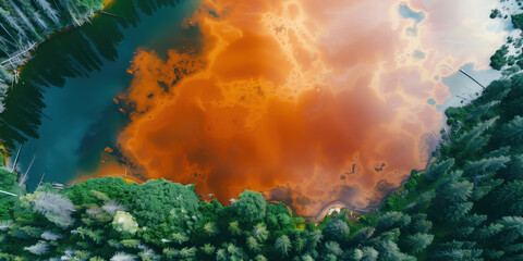 A lake and shoreline from above are coloured orange with heavy iron oxide pollution. A climate change issue.