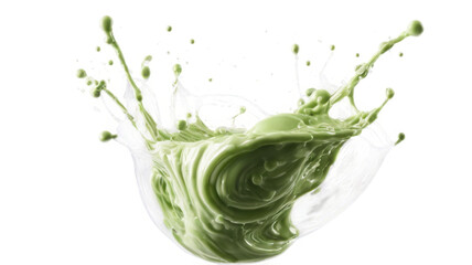 Green Milky falling matcha splash with bubble drops isolated on background, swirl of falling green liquid.