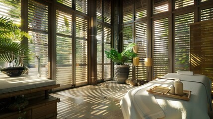 Obraz premium luxury spa retreat with bamboo-inspired Bahama shutters, in a tranquil tropical setting