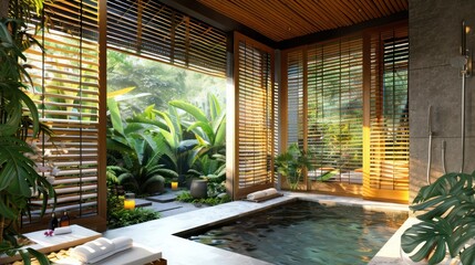 Fototapeta premium luxury spa retreat with bamboo-inspired Bahama shutters, in a tranquil tropical setting