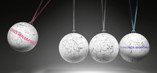 Space Exploration and Technological Advancement - cause and effect relationship. A Newton cradle metaphor. ,3d illustration