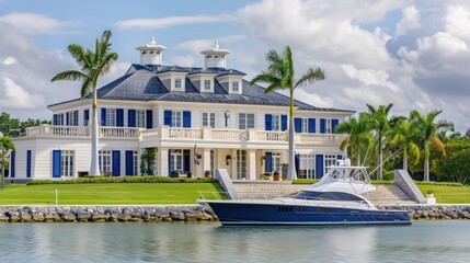 Fototapeta premium luxury yacht club with navy blue Bahama shutters, located on a pristine waterfront