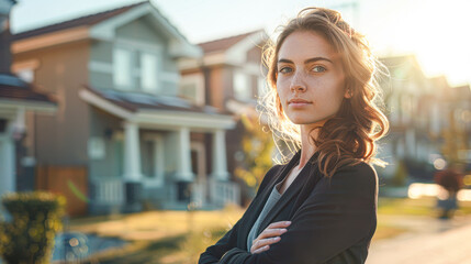 A woman with a serious expression stands in front of a house