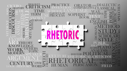 Rhetoric as a complex subject, related to important topics. Pictured as a puzzle and a word cloud made of most important ideas and phrases related to rhetoric. ,3d illustration